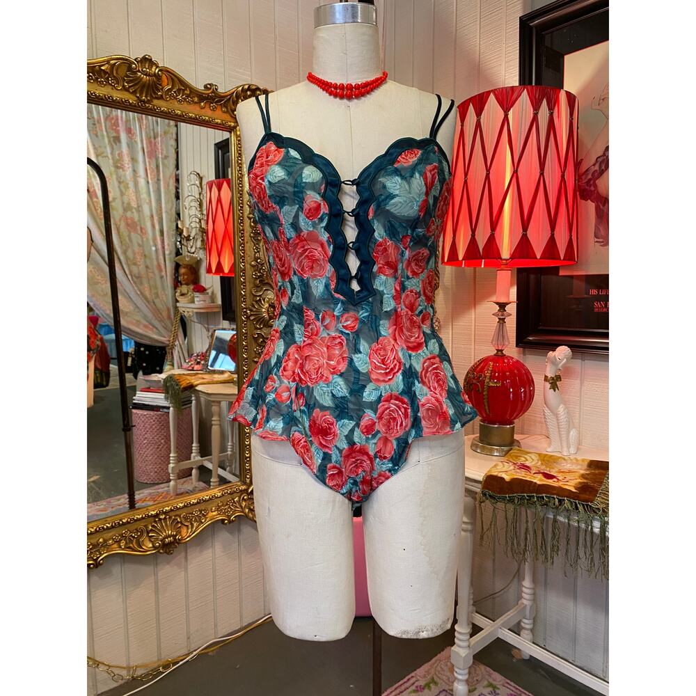 vintage 1980s victorias secret teddy red and green rose tap short one piece